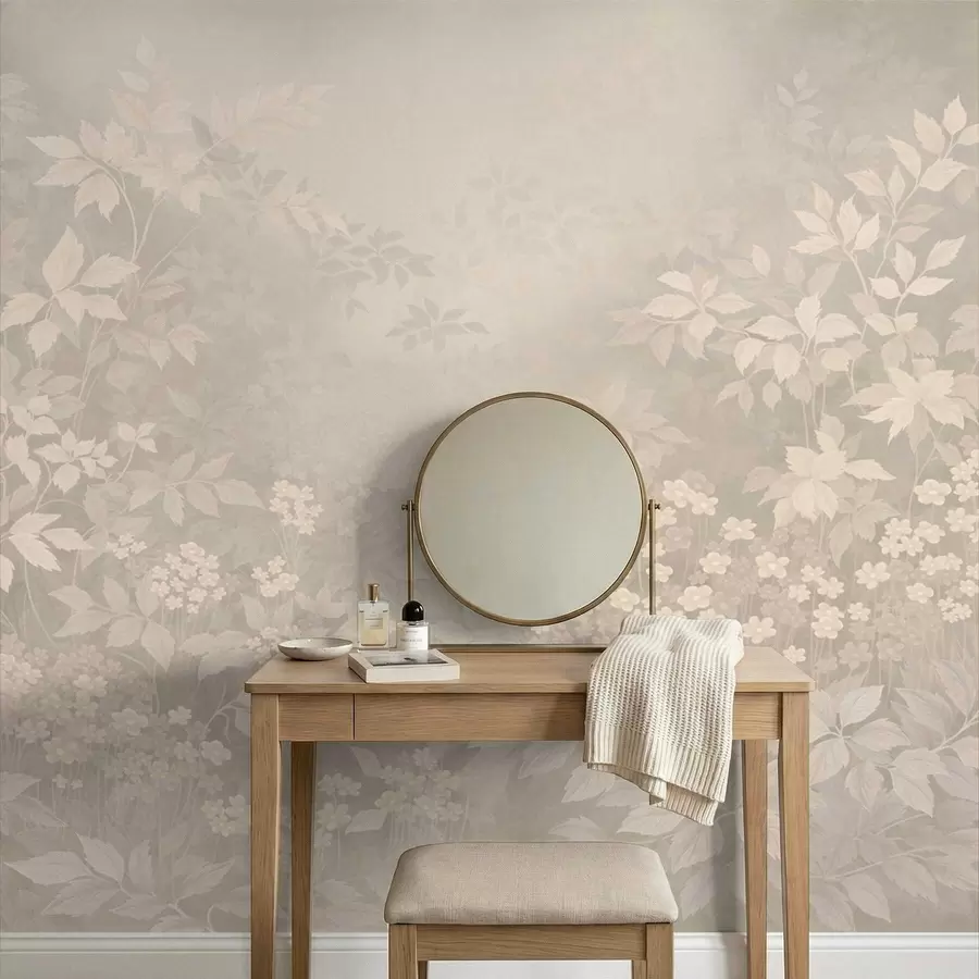 wall murals Soft botanical pattern with leaves and flowers in mist w05115v1