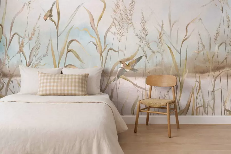 Wall Mural Photo Wallpaper Illustration of reeds and birds by water in soft tones w05125