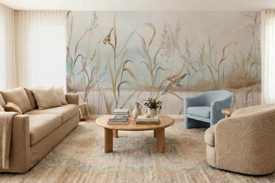 Wall Mural Photo Wallpaper Illustration of reeds and birds by water in soft tones w05125