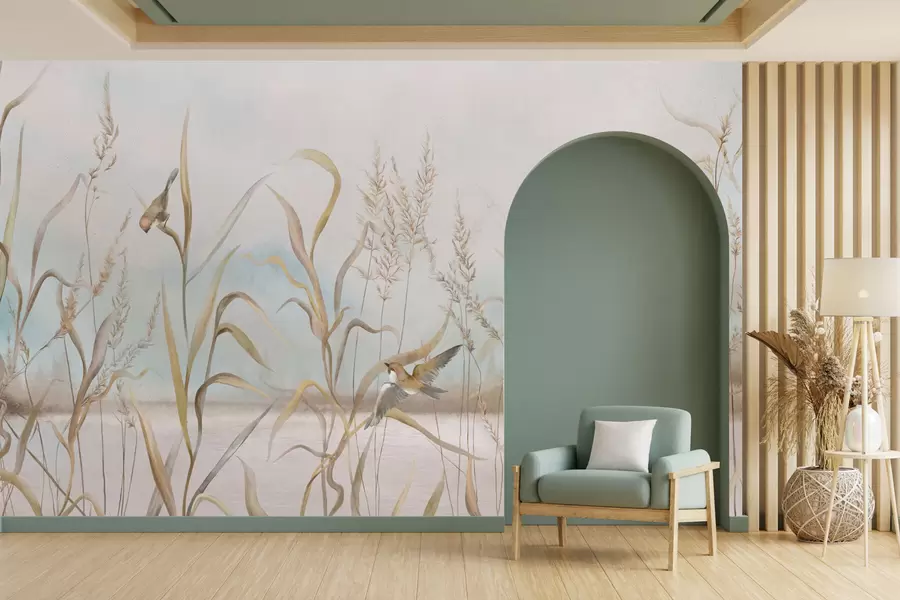 Wall Mural Photo Wallpaper Illustration of reeds and birds by water in soft tones w05125