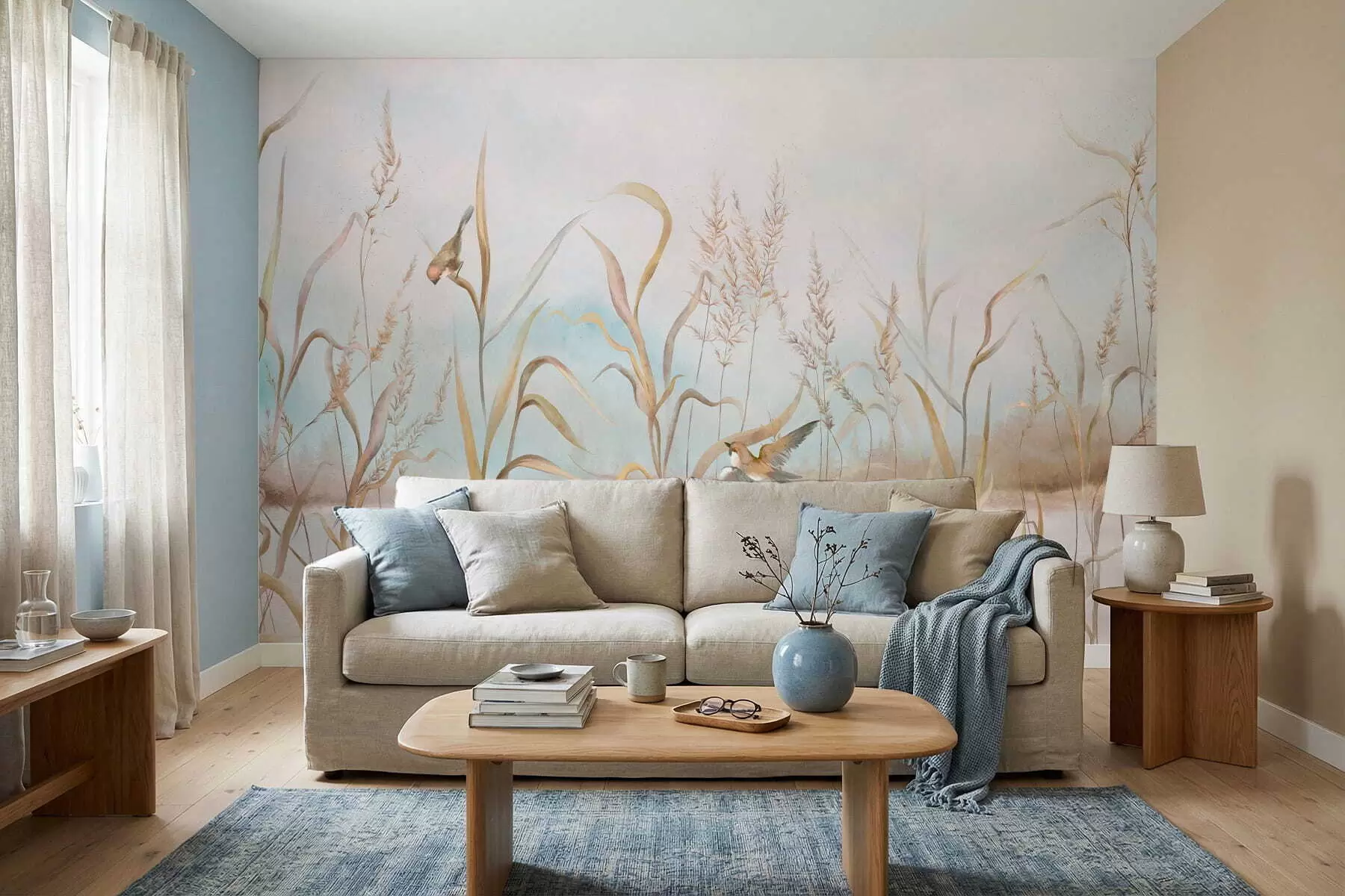 murales Ilustración de juncos y pájaros junto al agua en tonos suaves. w05125