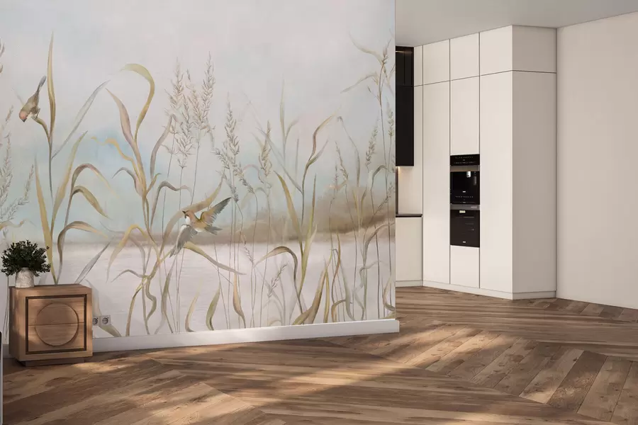 Wall Mural Photo Wallpaper Illustration of reeds and birds by water in soft tones w05125
