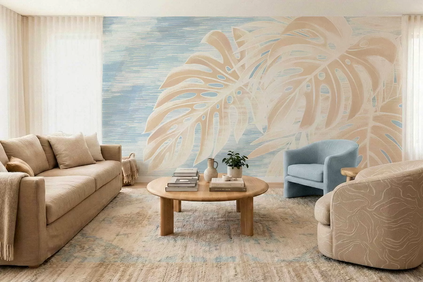 Wall Mural Photo Wallpaper Abstract leaves in warm beige tones on a light background w05130