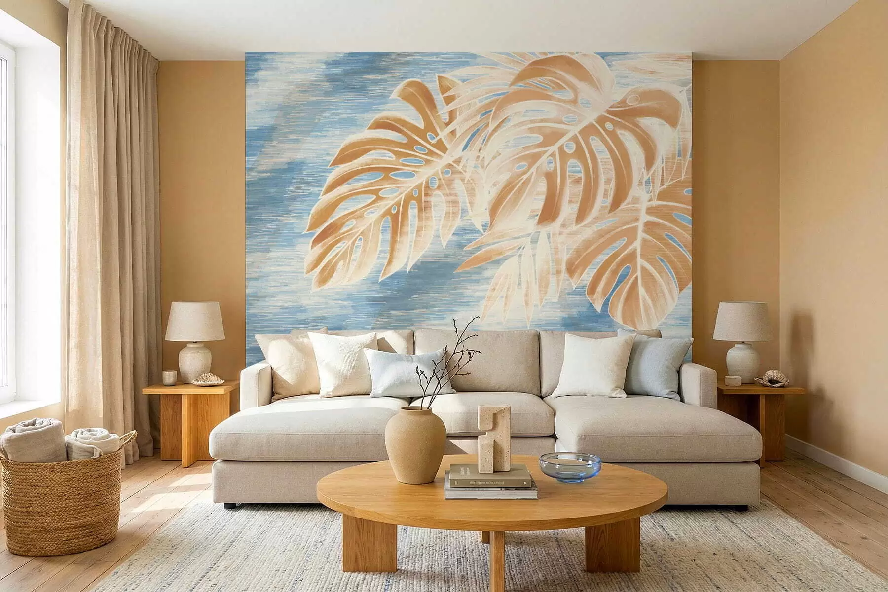 peintures murales Feuilles dans des tons sable clairs sur fond bleu w05130v1