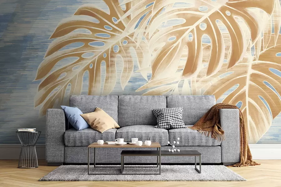 Wall Mural Photo Wallpaper Leaves in light sandy tones on a blue background w05130v1