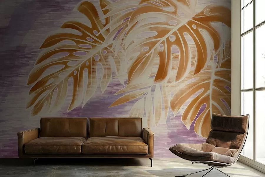 Wall Mural Photo Wallpaper Leaves in warm orange tones on a purple background w05130v2
