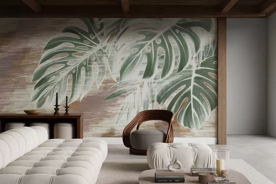 wall murals Green leaves on a warm textured abstract base w05130v3