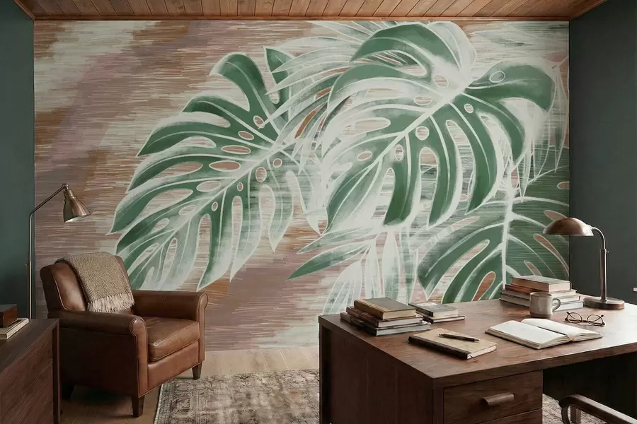 Wall Mural Photo Wallpaper Green leaves on a warm textured abstract base w05130v3