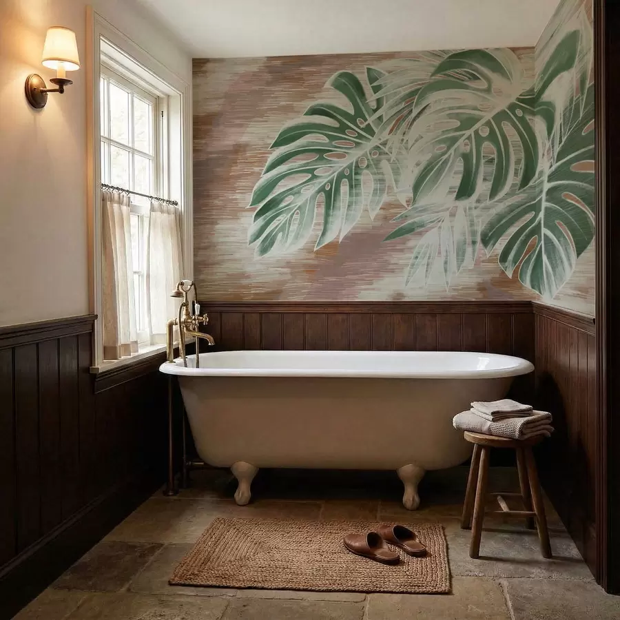 wall murals Green leaves on a warm textured abstract base w05130v3