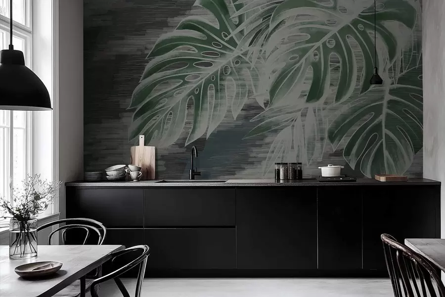 Wall Mural Photo Wallpaper Dark green leaves on a textured dark background w05130v4