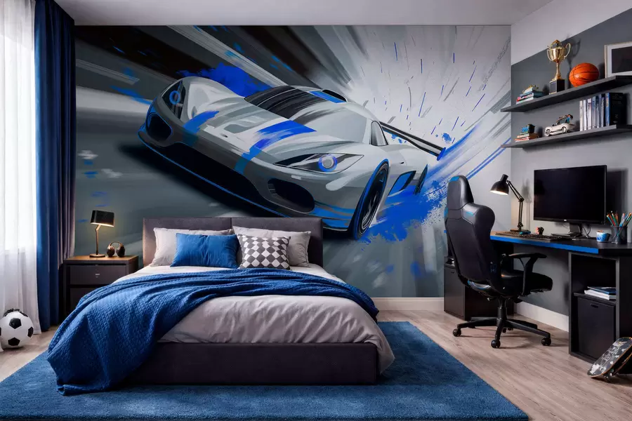 Wall Mural Photo Wallpaper dynamic sports car in digital drawing style with blue accents w05069