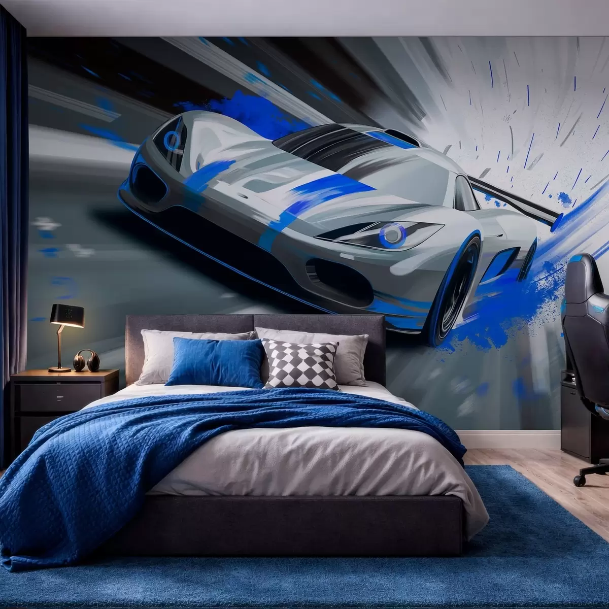 murales Coche deportivo dinámico en estilo de dibujo digital con detalles en azul. w05069