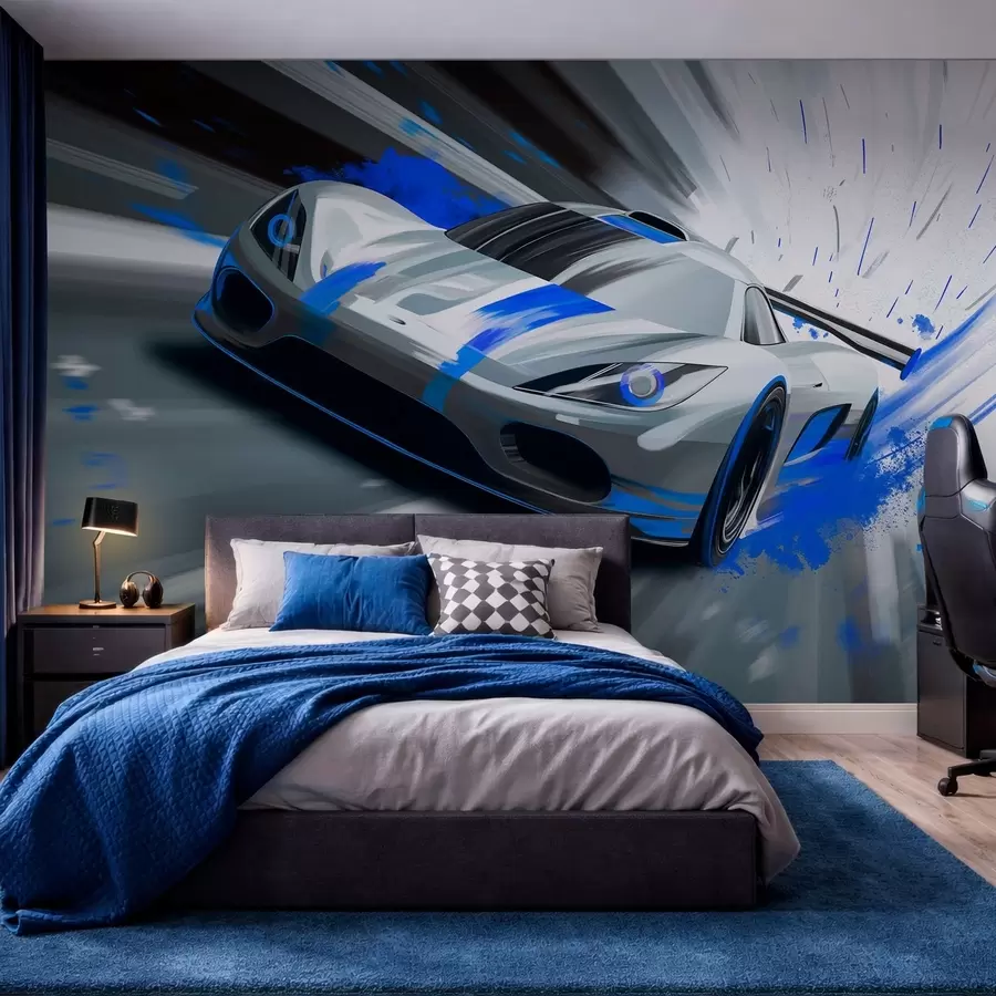 Wall Mural Photo Wallpaper dynamic sports car in digital drawing style with blue accents w05069
