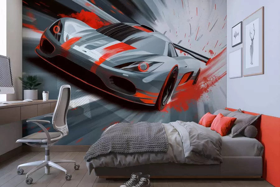 peintures murales voiture de sport dynamique dans un style de dessin numérique avec des accents rouges w05069v1