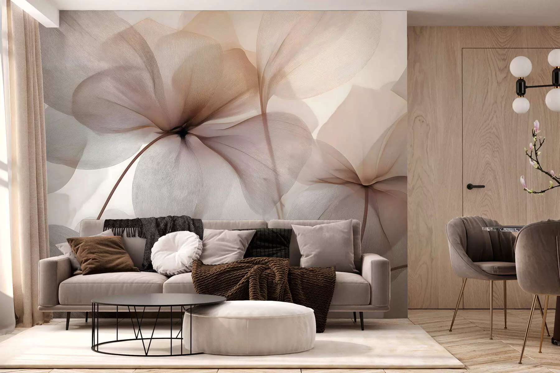 peintures murales fleurs semi-transparentes avec des nervures w05070