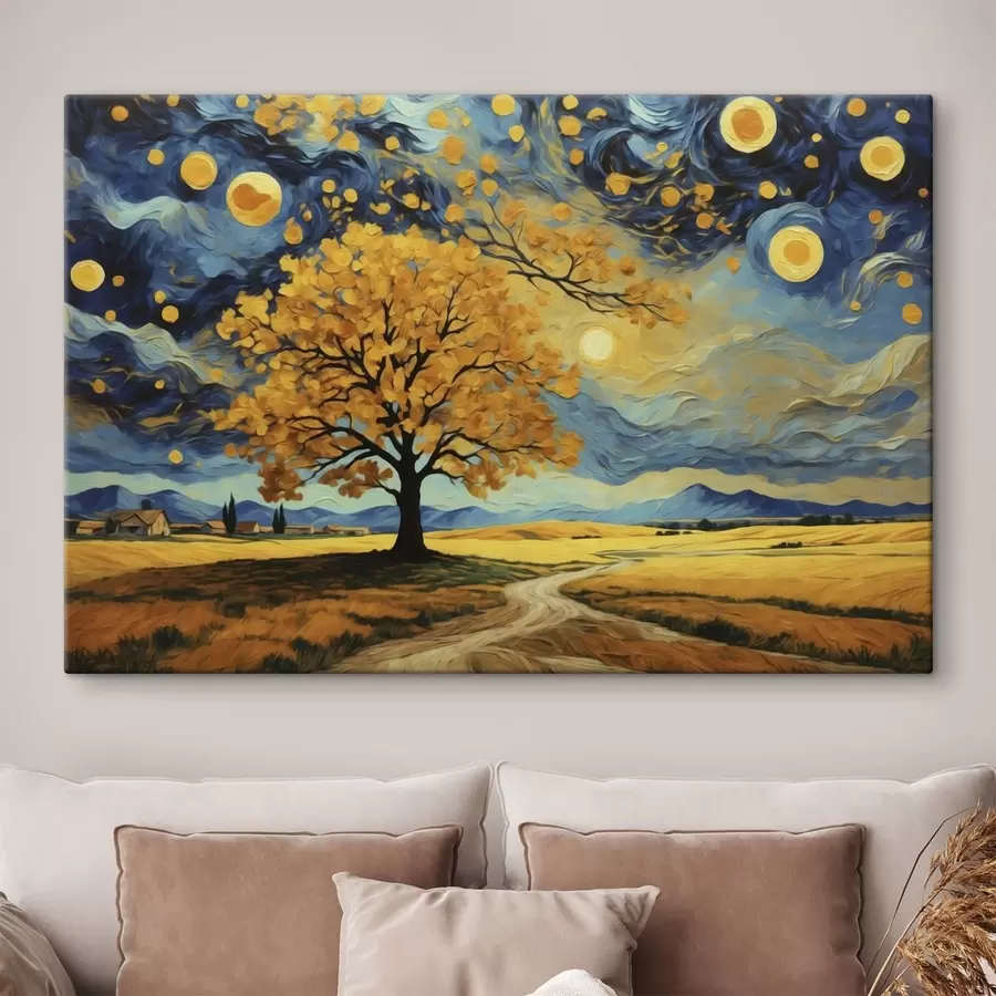murales Paisaje con un árbol y un cielo estrellado intenso s47255