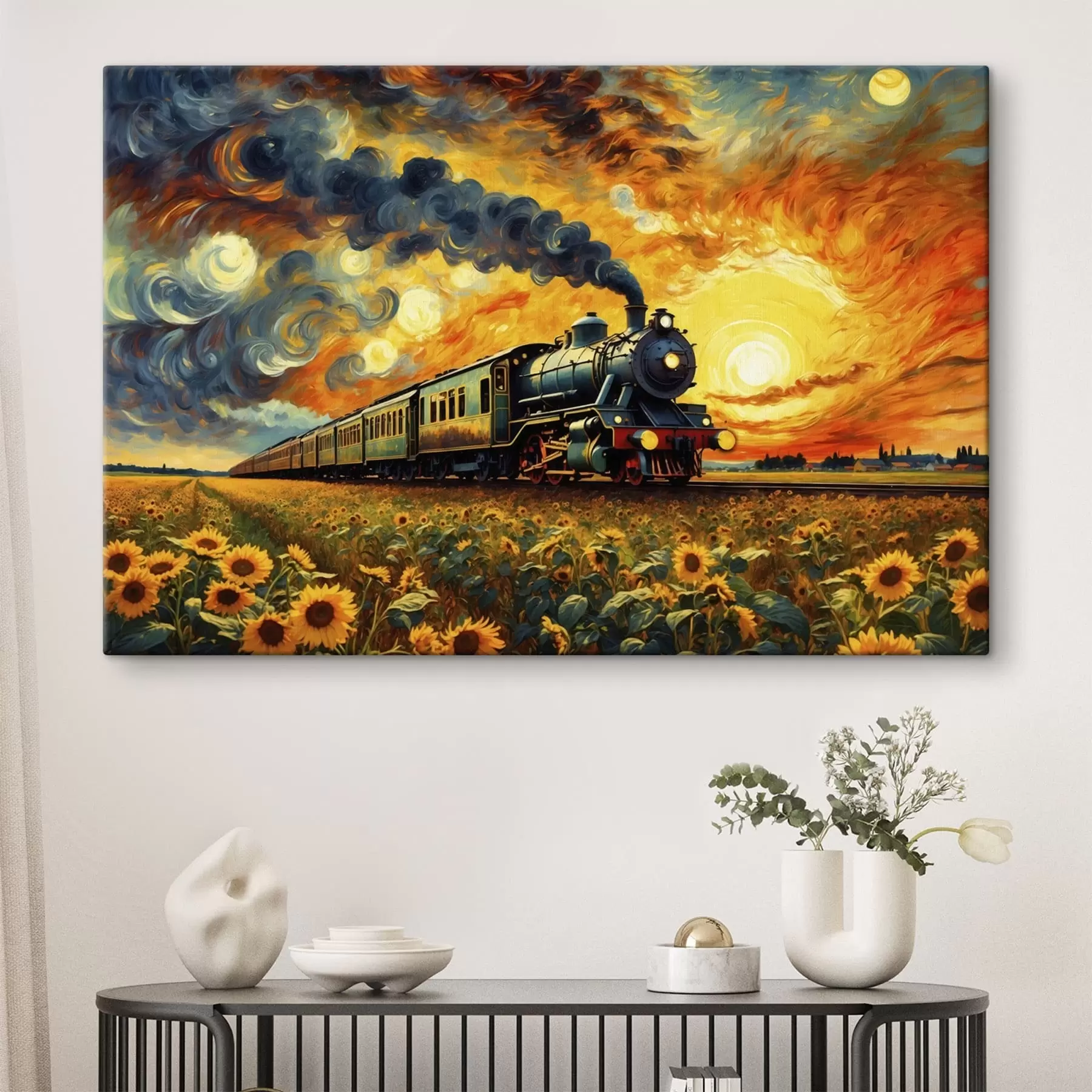 wall murals Steam train in a field with dramatic sky s47257