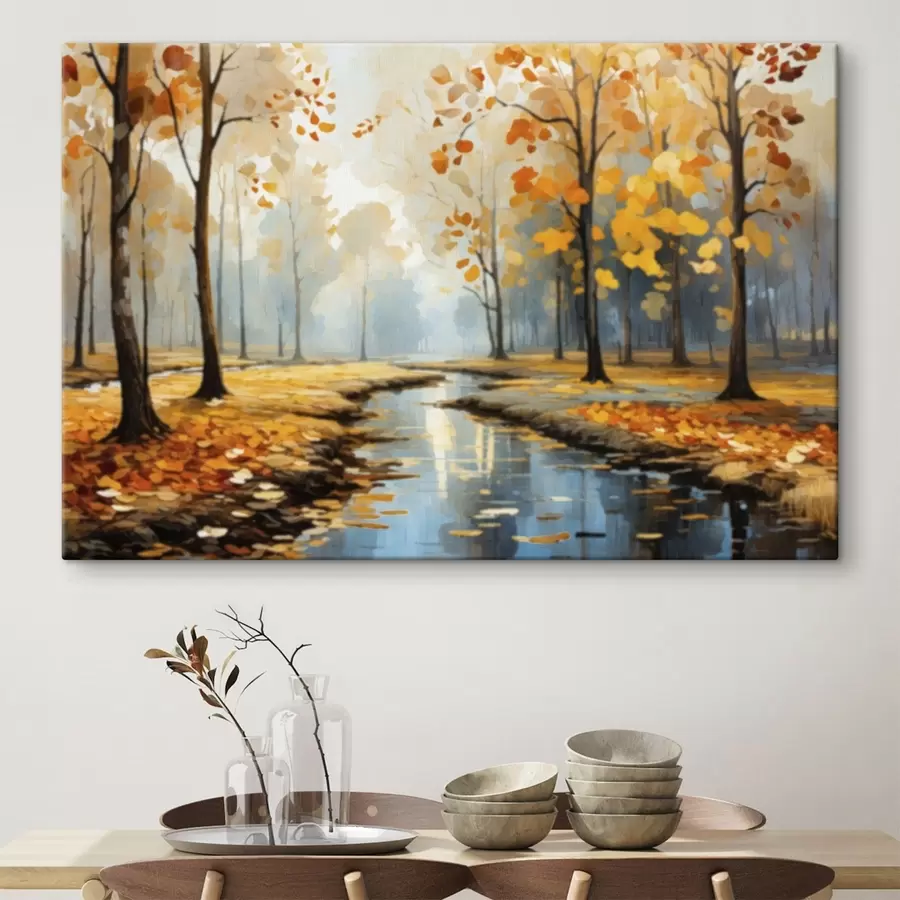wall murals Autumn forest with a stream and yellow leaves s47278