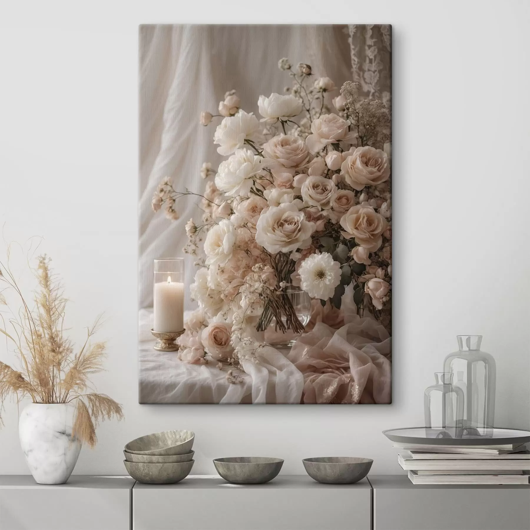 wall murals Cream flowers beside a lit candle s47281