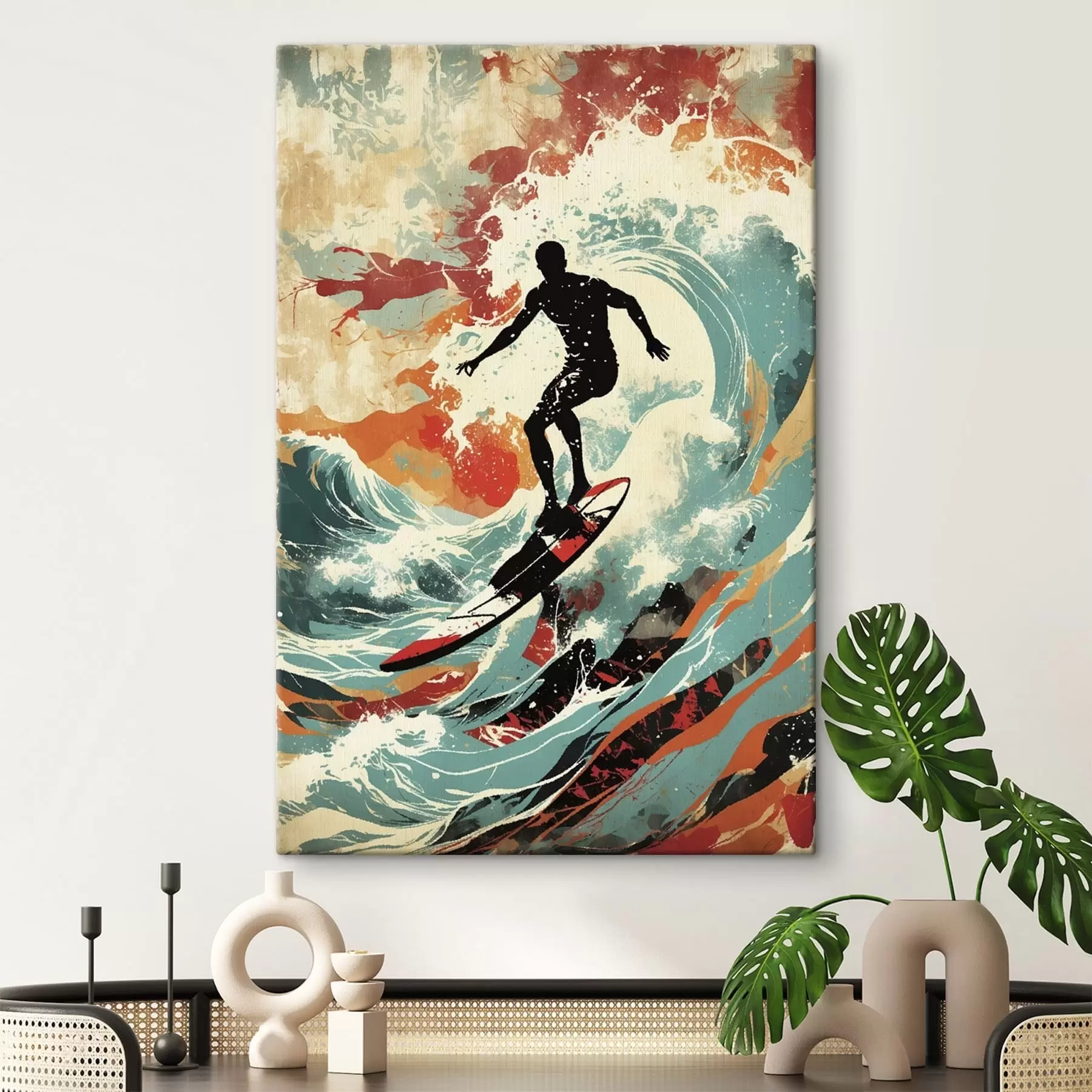 wall murals Surfer silhouette on waves in vivid colors s47284