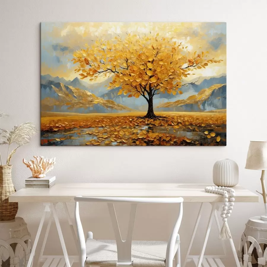 wall murals Tree with yellow leaves in a mountain scene s47285