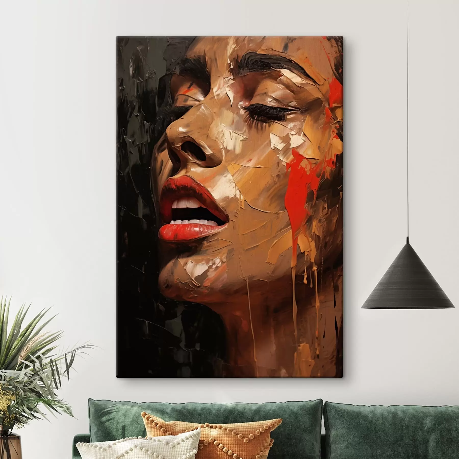 murales Retrato femenino en trazos cálidos y tonos rojos s47294