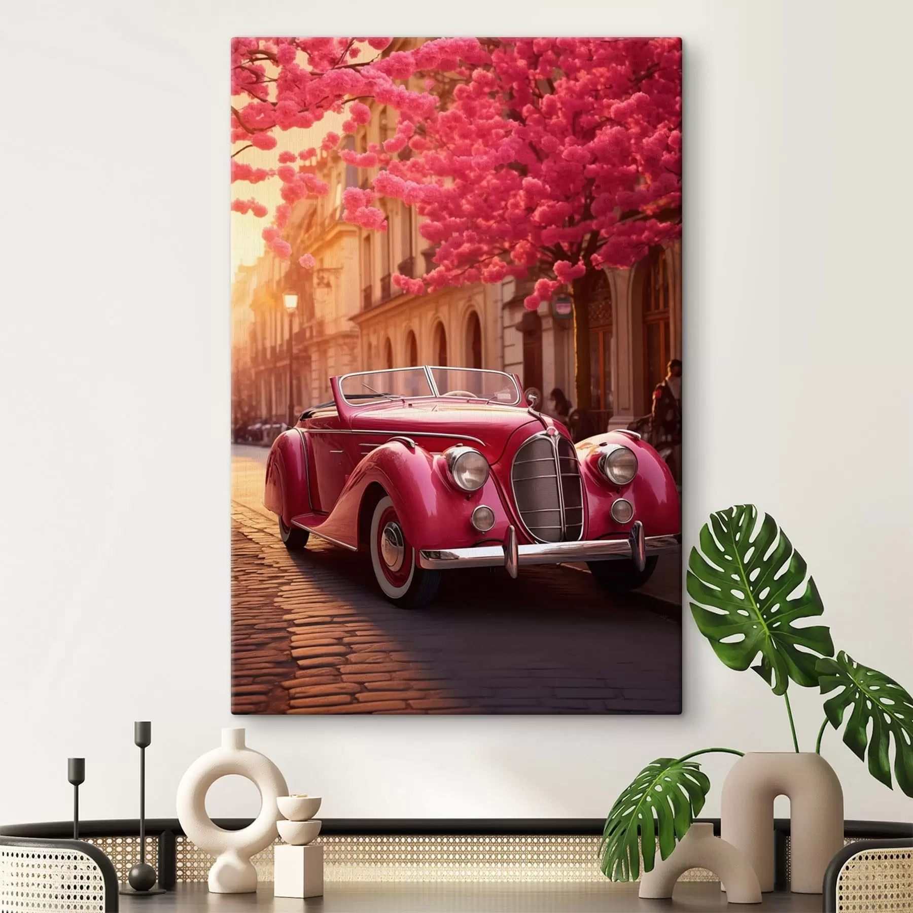 wall murals Pink car beneath blooming trees s47295
