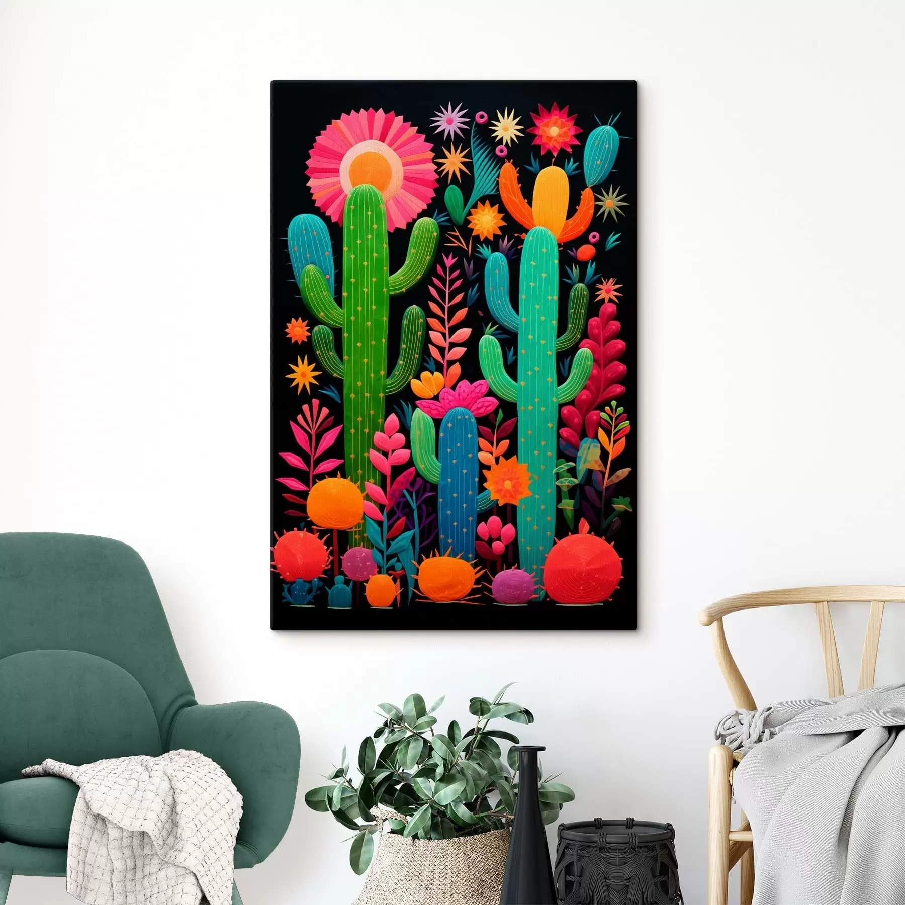 wall murals Vibrant cacti and flowers on dark background s47297