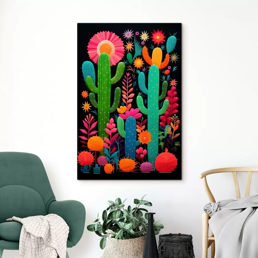 murales Cactus y flores vibrantes sobre fondo oscuro s47297