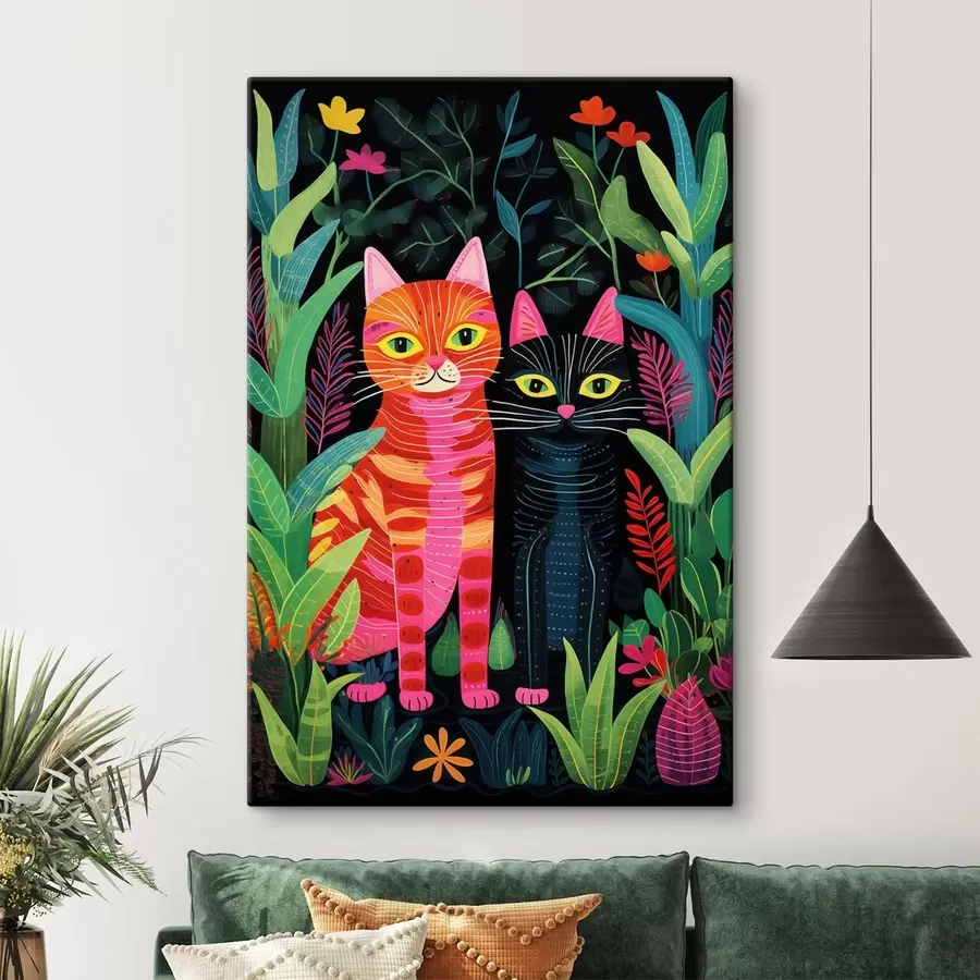 murales Dos gatos estilizados entre plantas de colores vivos. s47298