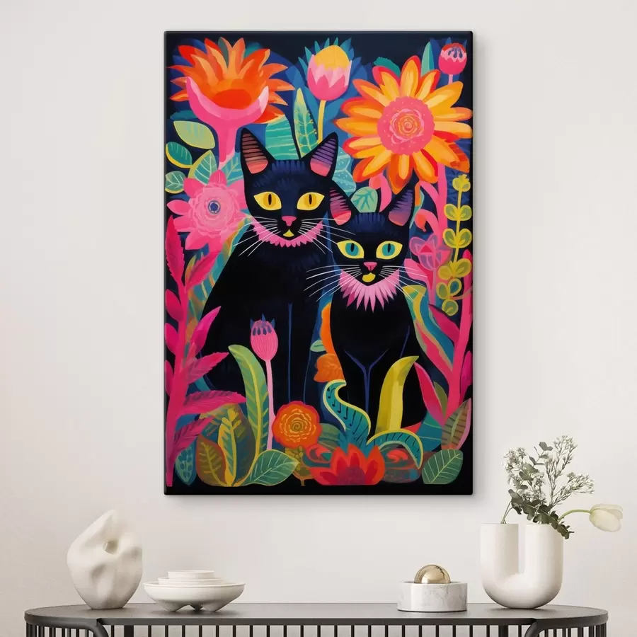 murales Dos gatos negros entre flores brillantes s47299