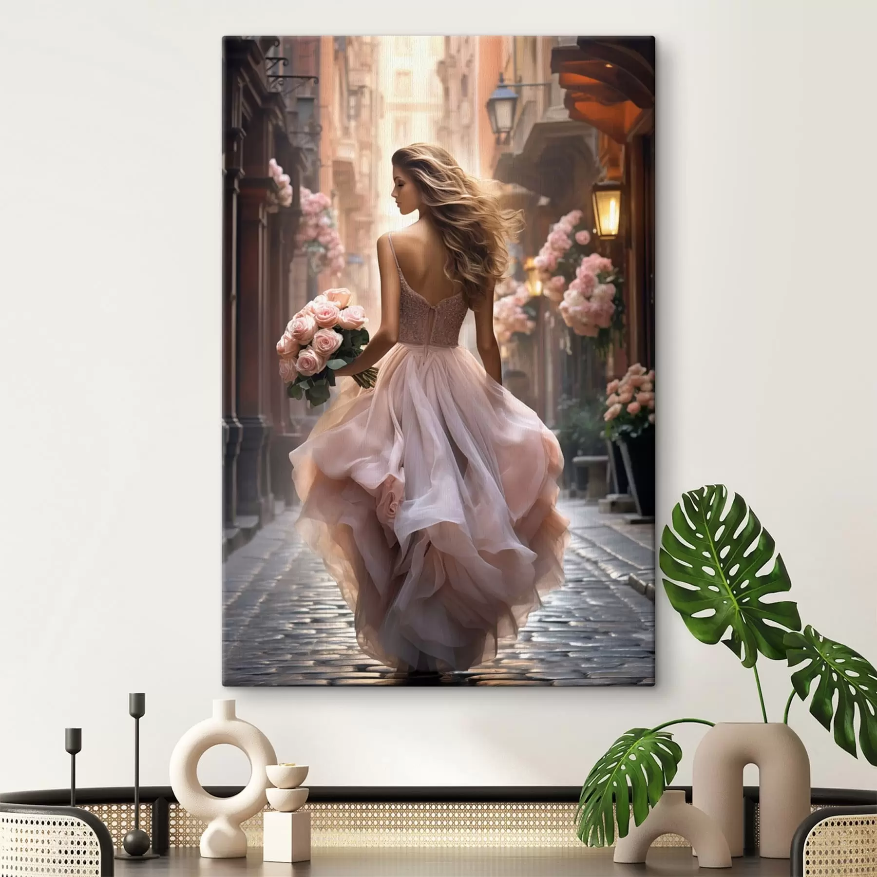 wall murals Woman in a pink dress walking down a street s47316