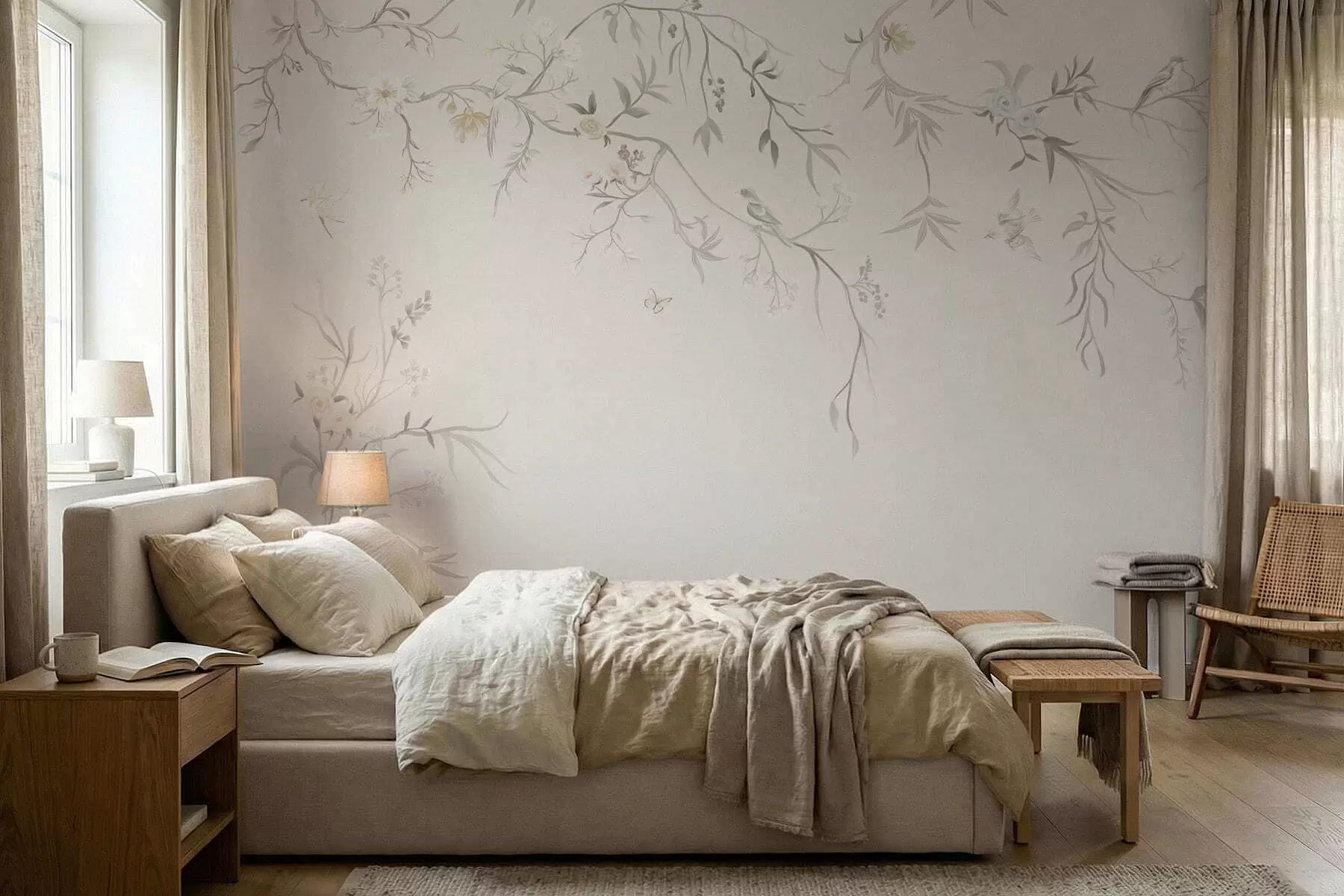 Wall Mural Photo Wallpaper Delicate flowers and birds on a chalk background w05127