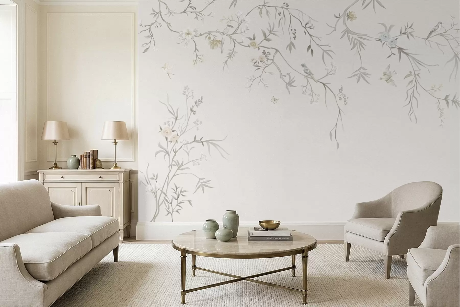 wall murals Delicate flowers and birds on a chalk background w05127
