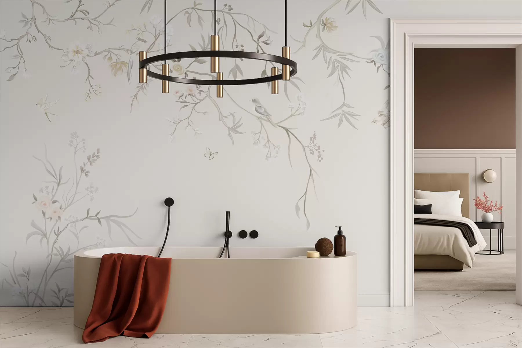 wall murals Delicate flowers and birds on a chalk background w05127