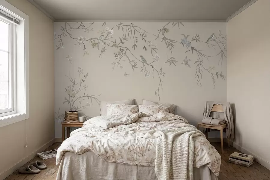 peintures murales Branches fleuries avec des oiseaux sur fond beige chaud w05127v1