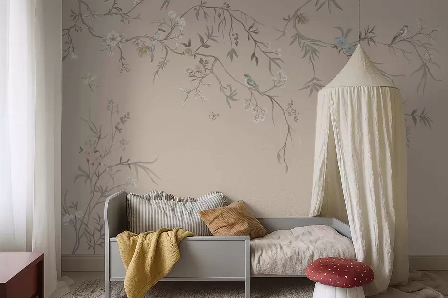 Wall Mural Photo Wallpaper Floral branches with birds on warm beige background w05127v1