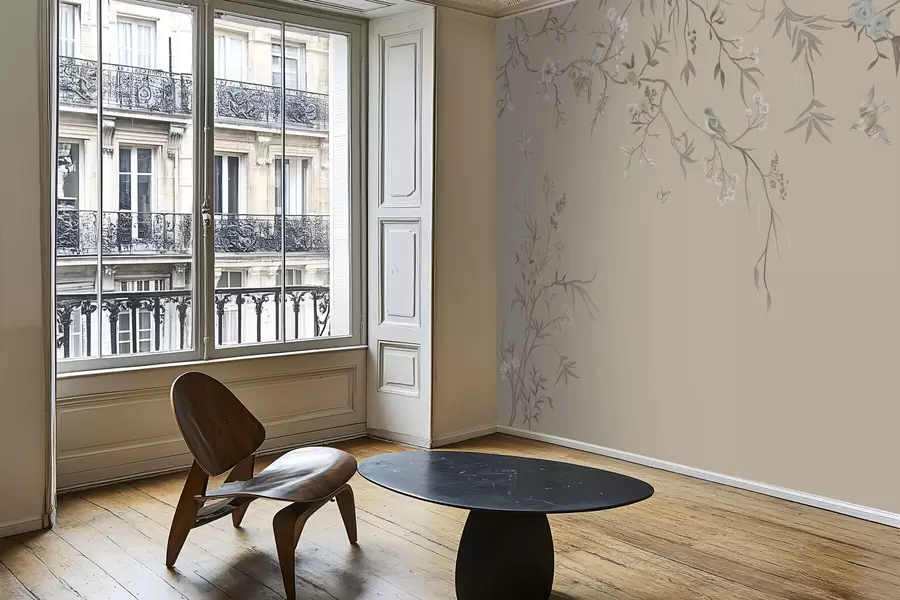 murales Ramas florales con pájaros sobre un fondo beige cálido w05127v1