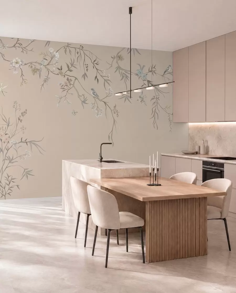 wall murals Floral branches with birds on warm beige background w05127v1