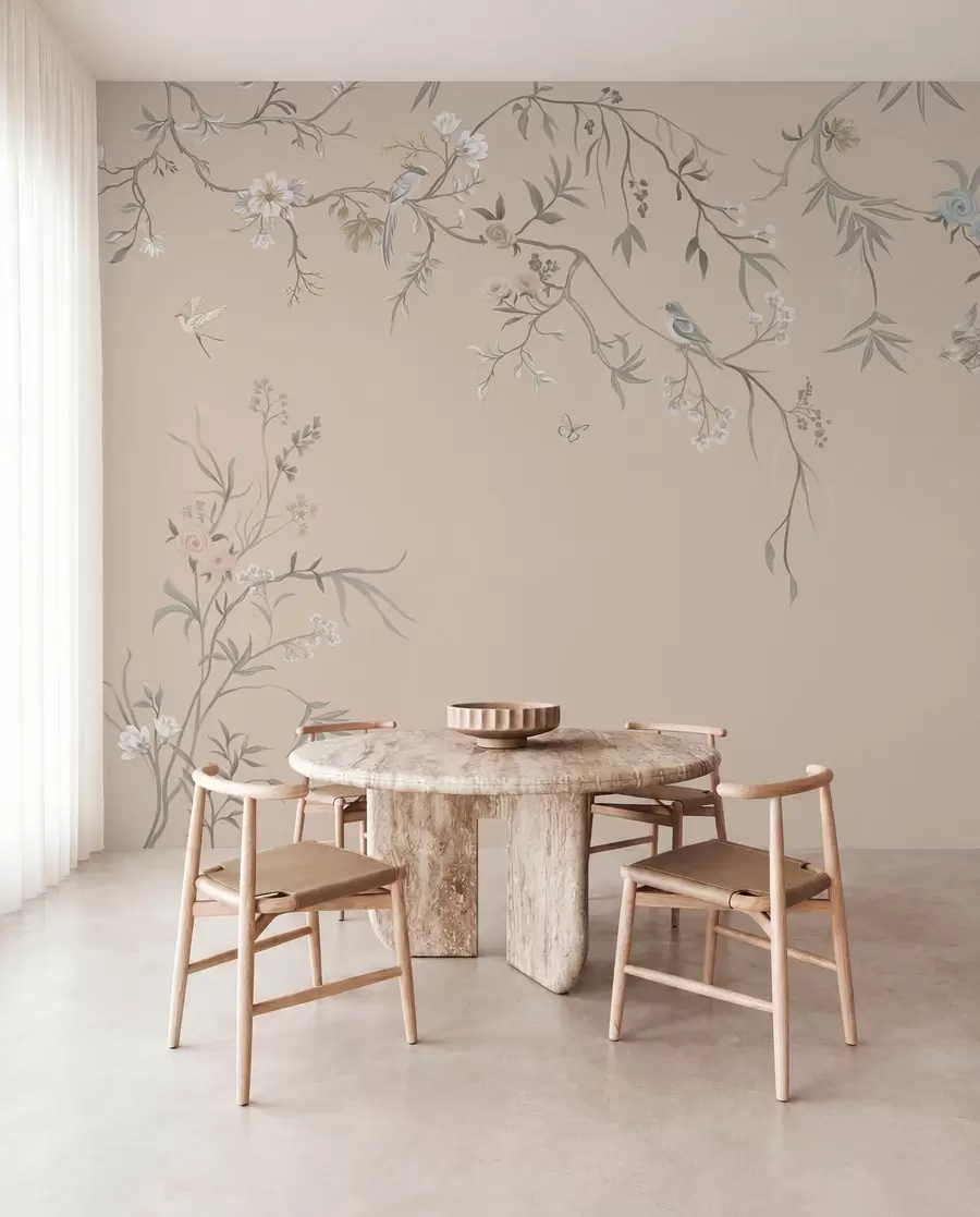 peintures murales Branches fleuries avec des oiseaux sur fond beige chaud w05127v1