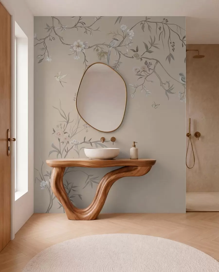 wall murals Floral branches with birds on warm beige background w05127v1