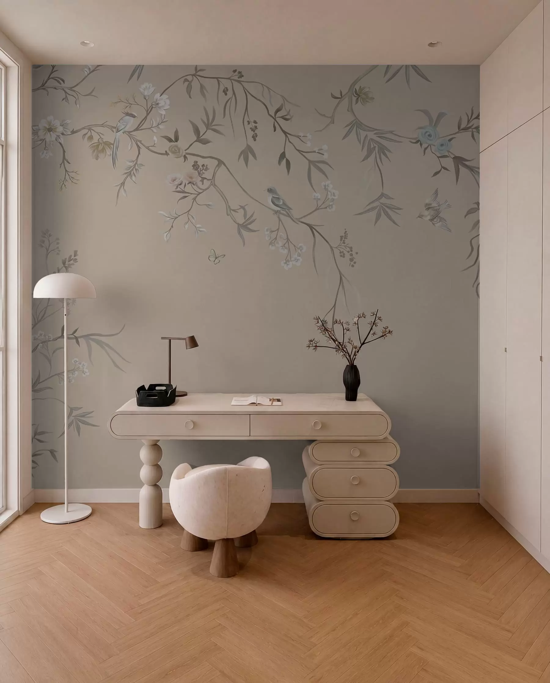 Wall Mural Photo Wallpaper Floral branches with birds on warm beige background w05127v1