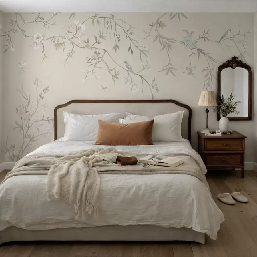 Wall Mural Photo Wallpaper Light flowers and birds on a pastel background w05127v2