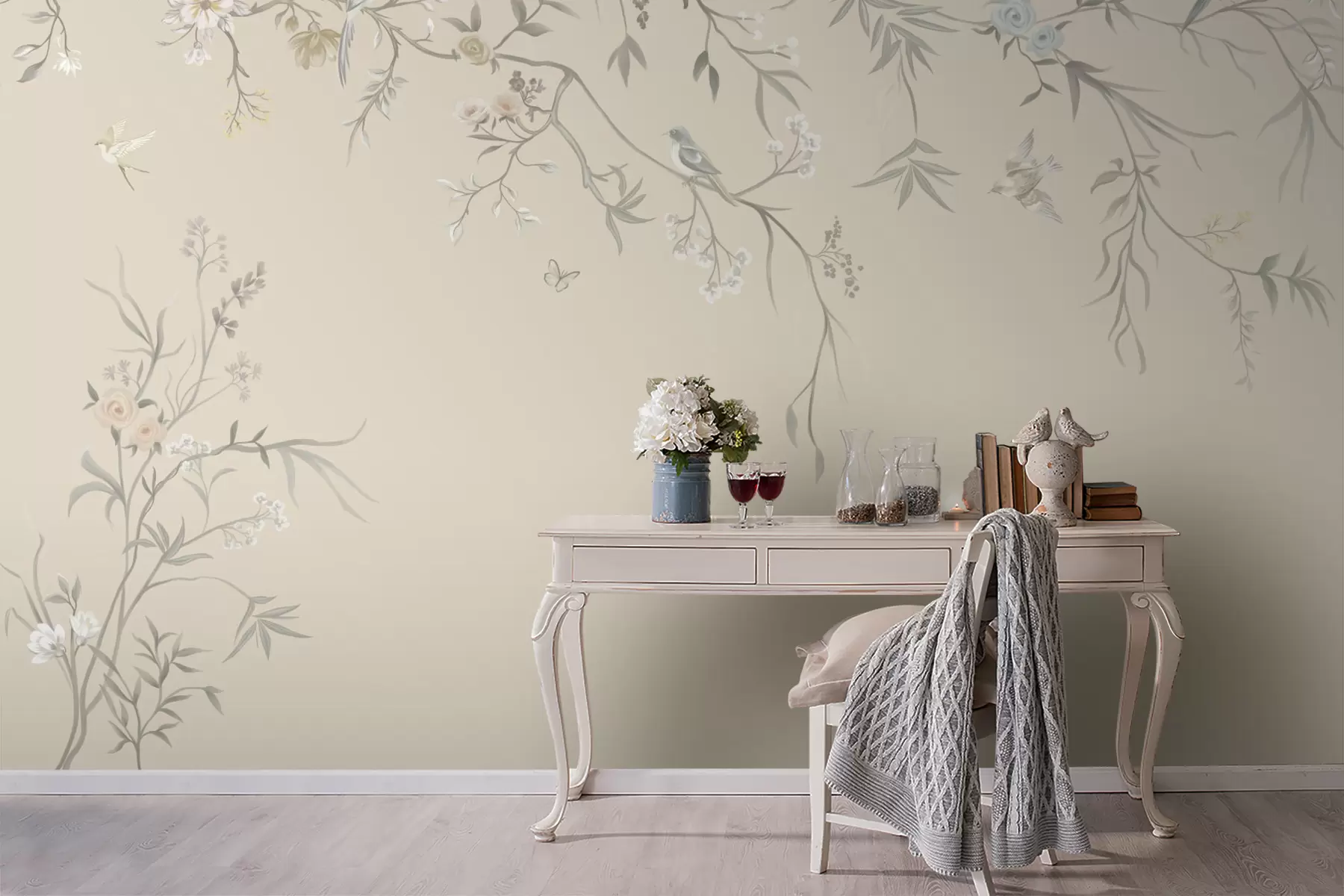 murais de parede Flores e pássaros claros sobre um fundo pastel w05127v2