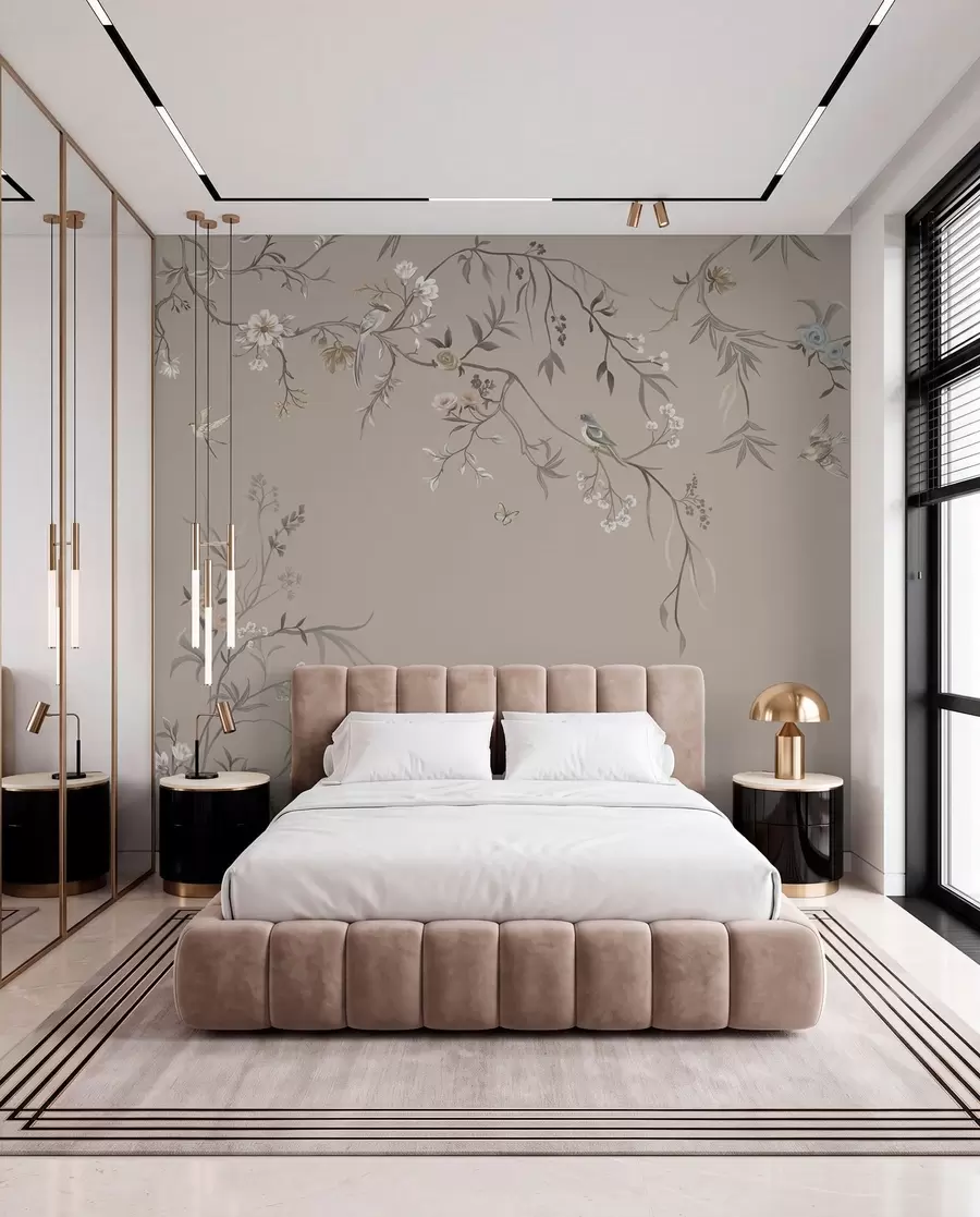 wall murals Boughs and Birds on Taupe w05127v3