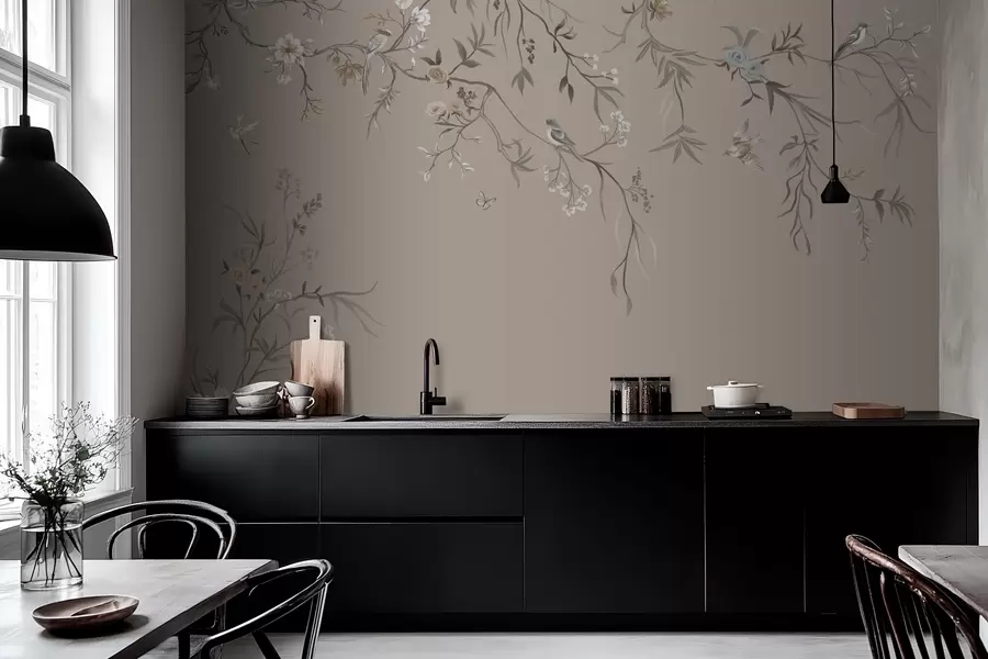 wall murals Floral ornament with birds on neutral background w05127v3