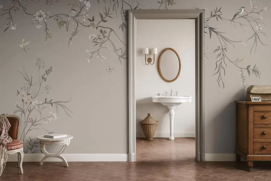 peintures murales Ornement floral avec des oiseaux sur fond neutre w05127v3