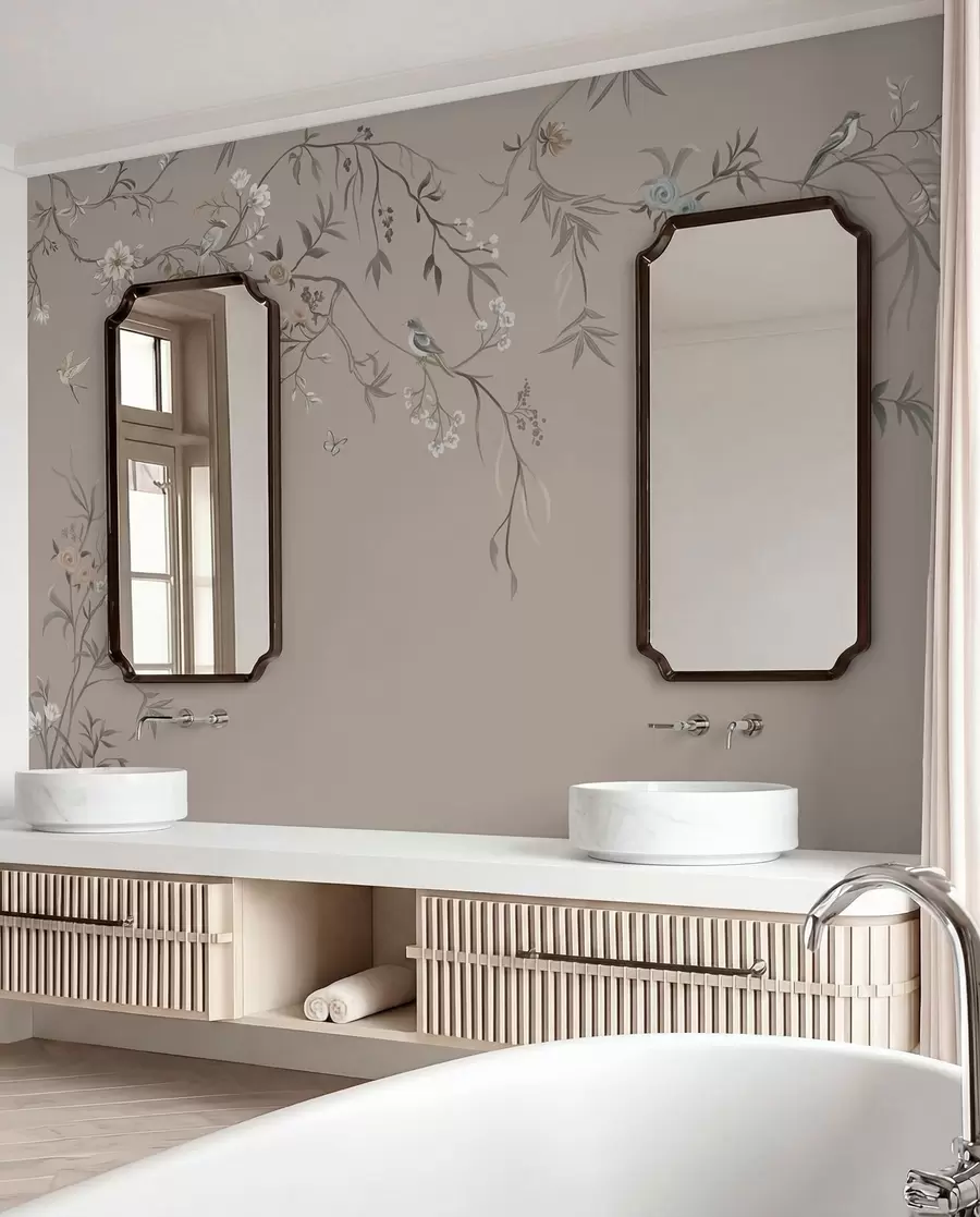 peintures murales Ornement floral avec des oiseaux sur fond neutre w05127v3