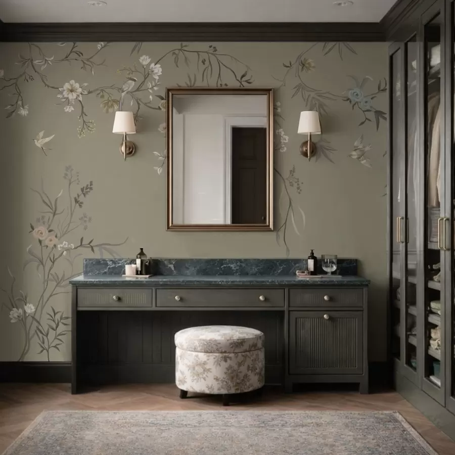 Wall Mural Photo Wallpaper Floral motif with birds on gray background w05127v4