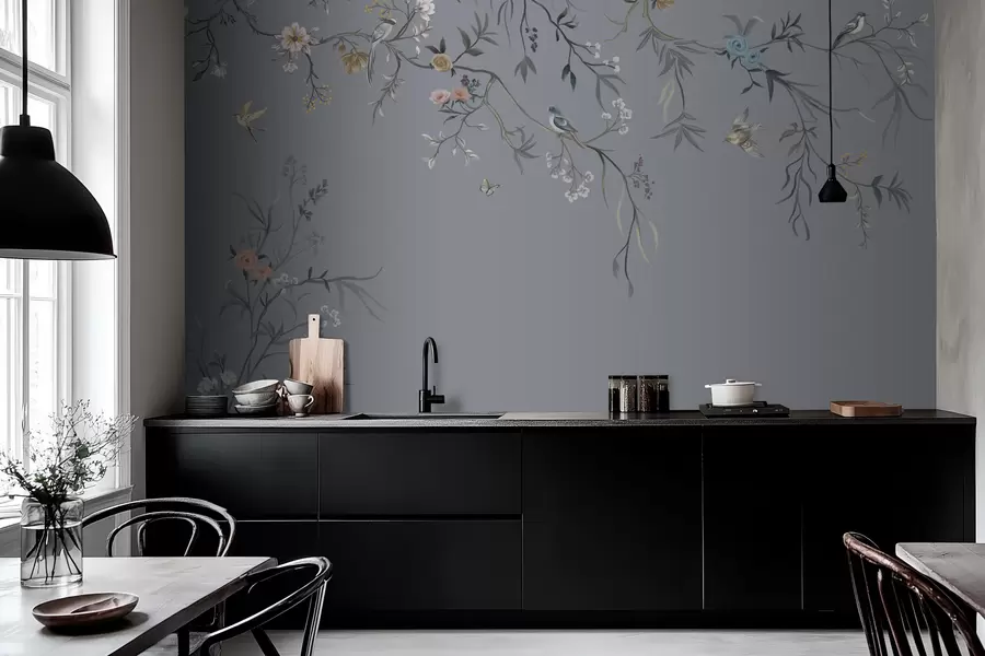 wall murals Floral branches with birds on greenish background w05127v5